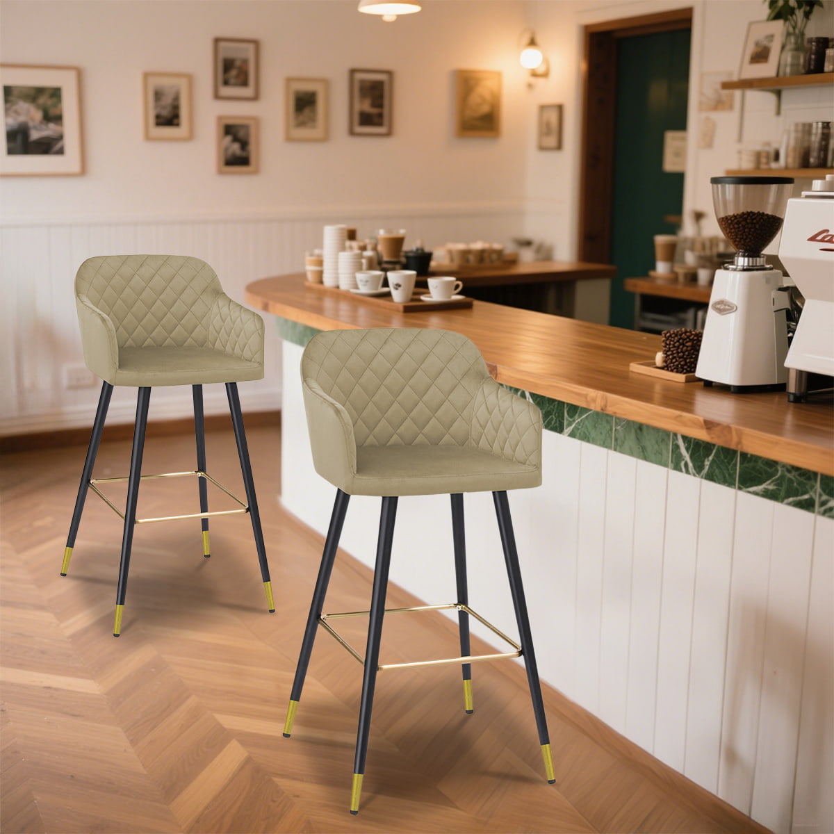 Taburete de terciopelo azul real con patas de metal para sala de estar