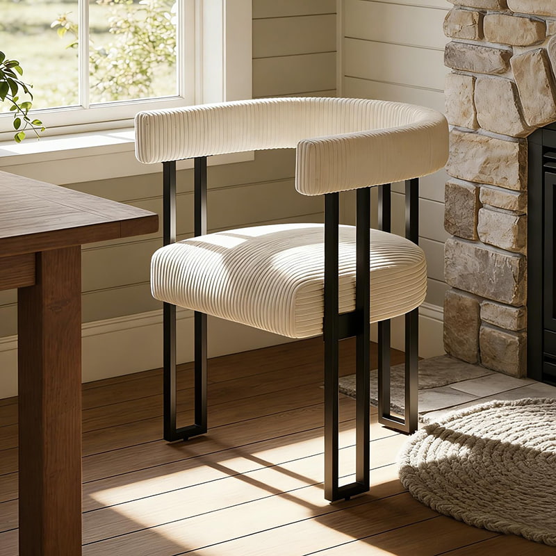 Silla de comedor Boucle, silla de comedor tapizada de pana blanca con patas de metal, silla decorativa moderna de mediados de siglo